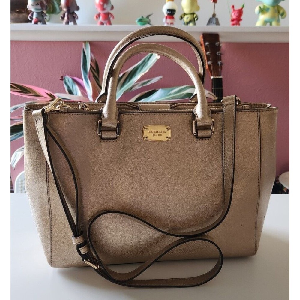 Michael Kors Kellen Medium Saffiano Leather Satchel Tote Bronze Gold Beige Color